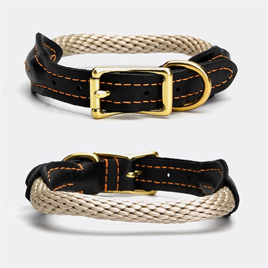 Hemp Rope Dog Collar Copper Leather