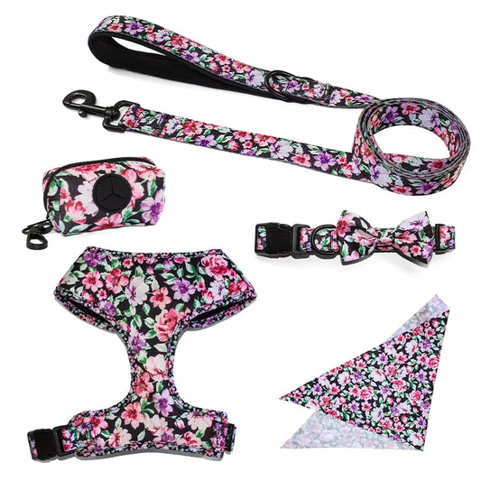 Floral Pattern Matching 5-piece bundle - Harness Leash Collar Bandana Poop Bag