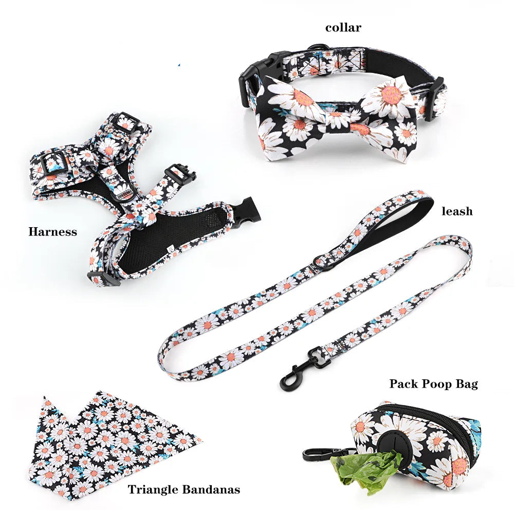 Floral Pattern  Matching 5-piece bundle - Harness Leash Collar Bandana Poop Bag