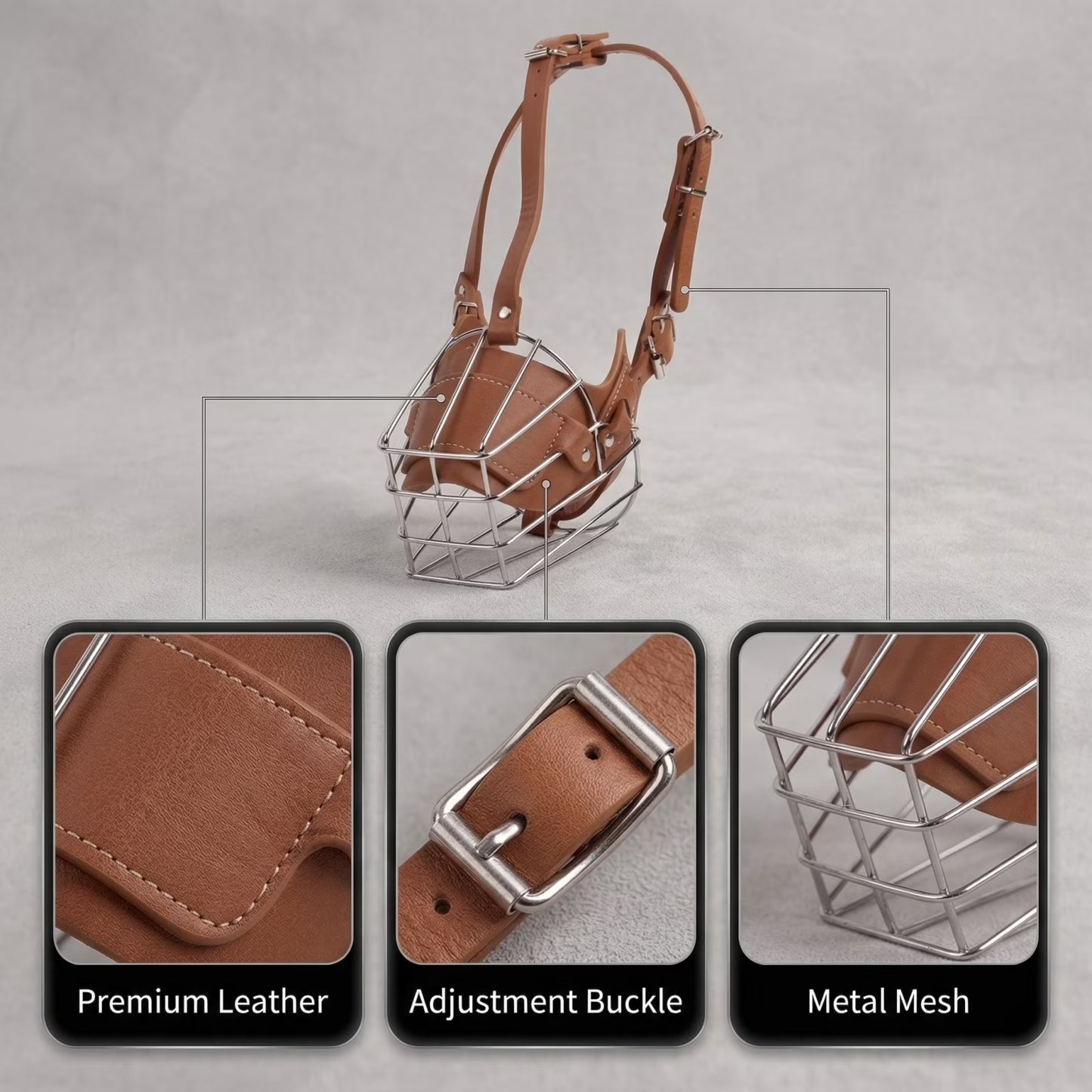 Metal Basket Dog Muzzle with Adjustable Leather Straps for Large Dogs