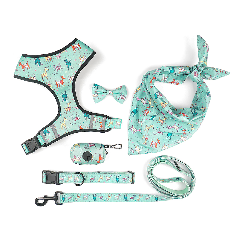 Floral Pattern  Matching 5-piece bundle - Harness Leash Collar Bandana Poop Bag