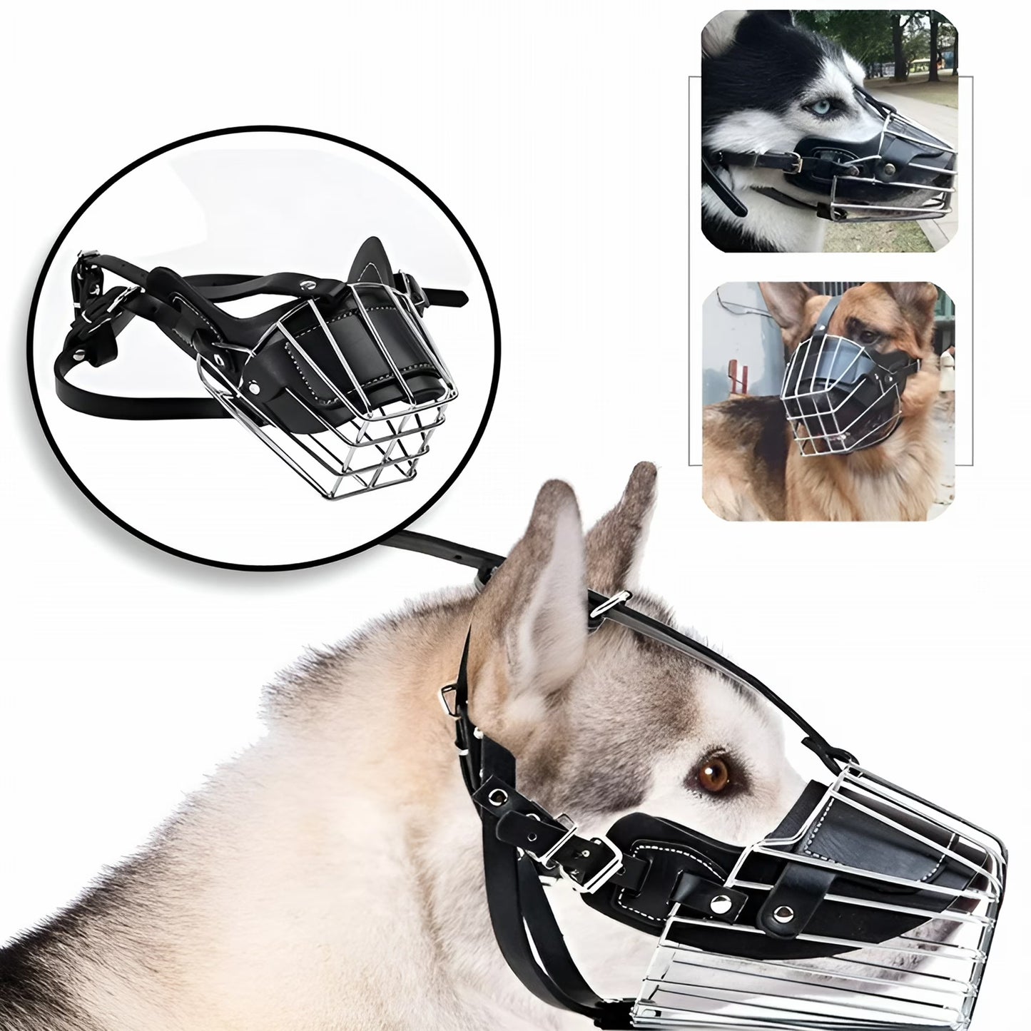 Metal Basket Dog Muzzle with Adjustable Leather Straps for Large Dogs