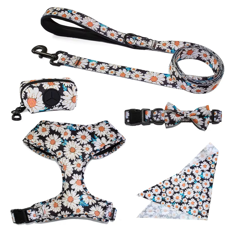 Floral Pattern  Matching 5-piece bundle - Harness Leash Collar Bandana Poop Bag