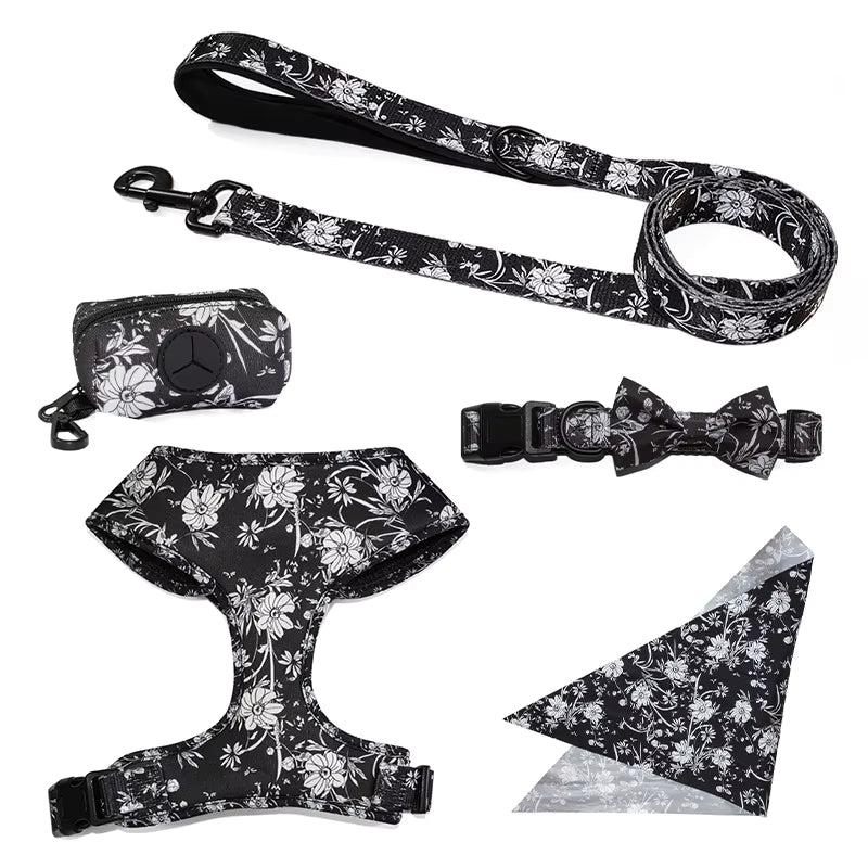 Floral Pattern  Matching 5-piece bundle - Harness Leash Collar Bandana Poop Bag