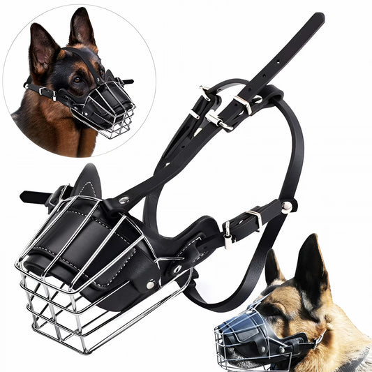 Metal Basket Dog Muzzle with Adjustable Leather Straps for Large Dogs