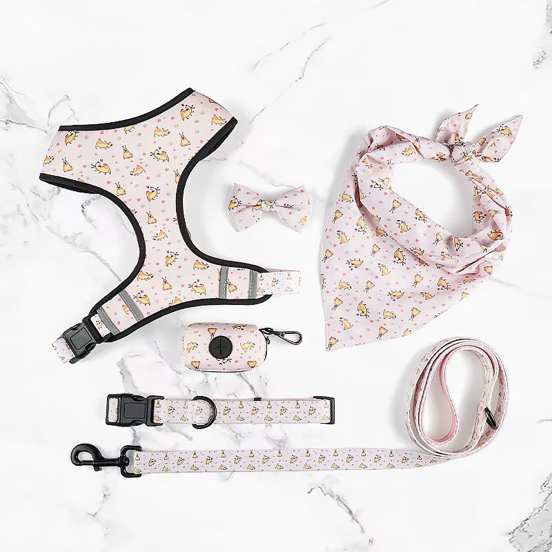 Floral Pattern  Matching 5-piece bundle - Harness Leash Collar Bandana Poop Bag