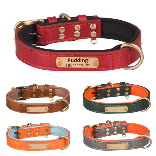 Personalized Engraved Leather Dog Collar with Metal Nameplate