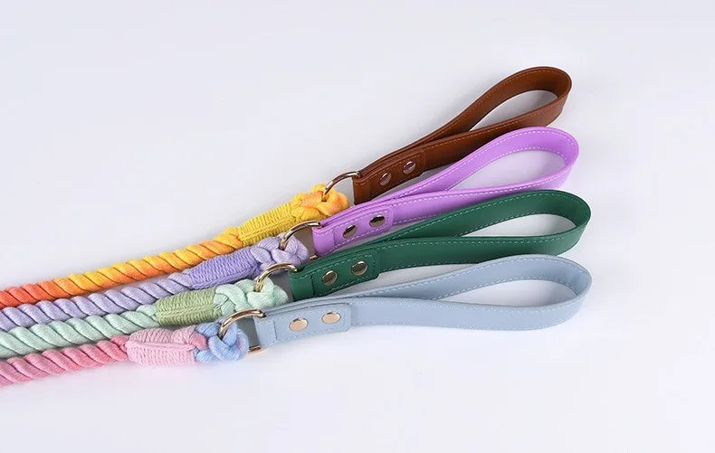 Leather Braided Dog Collar and Cotton Leash Set
