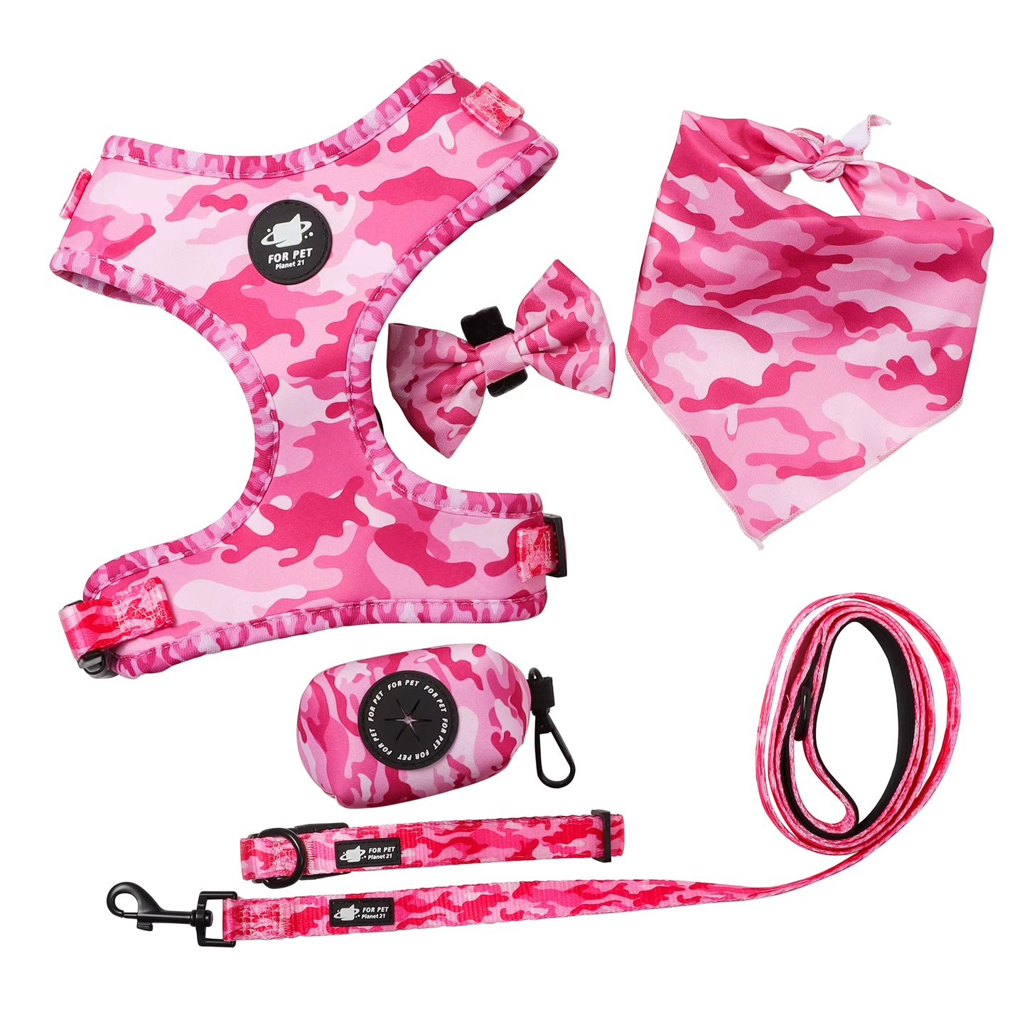 Floral Pattern  Matching 5-piece bundle - Harness Leash Collar Bandana Poop Bag