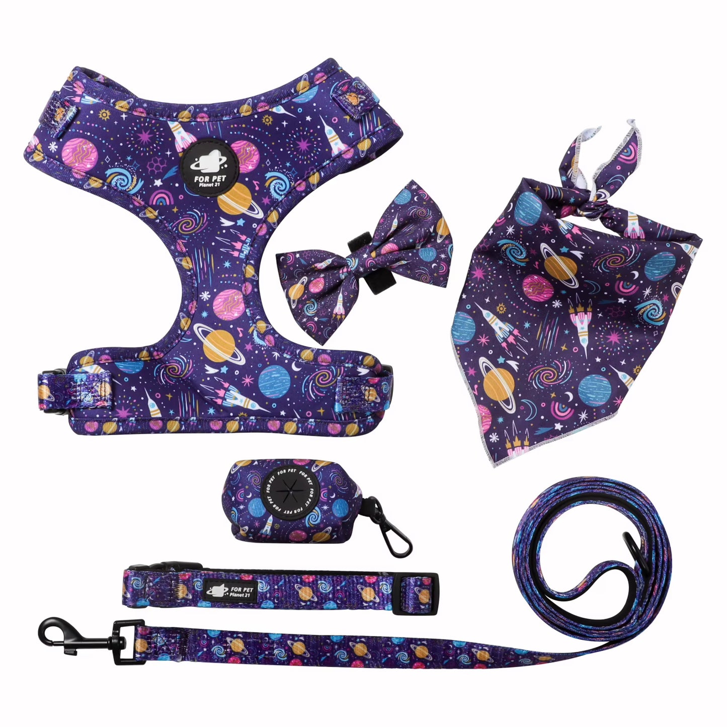 Floral Pattern  Matching 5-piece bundle - Harness Leash Collar Bandana Poop Bag