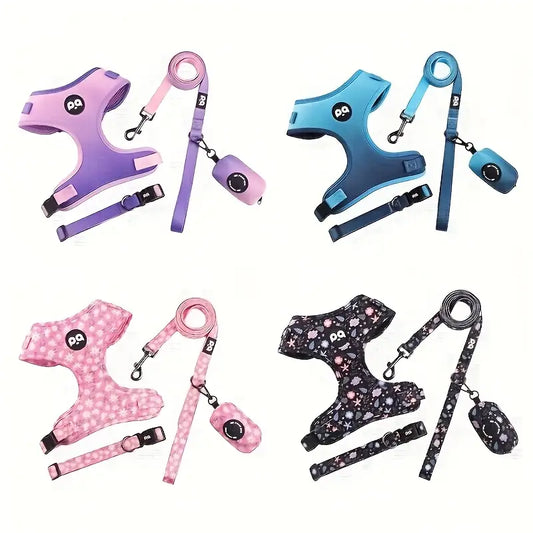 4-in-1 Adjustable Pet Harness Set – Soft Harness, Collar, Leash & Poop Bag Holder